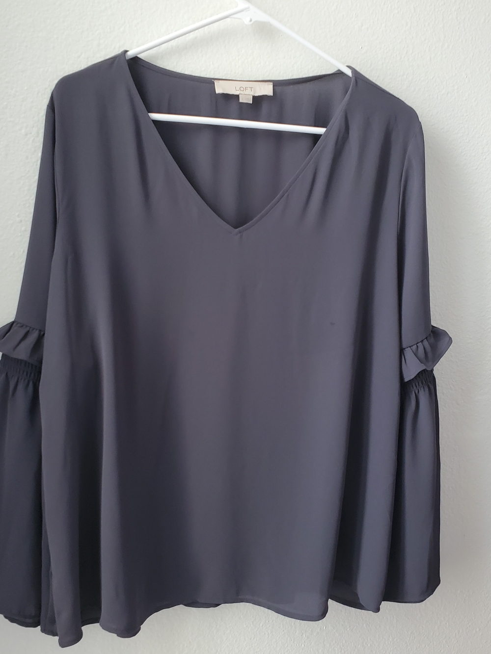 LOFT Women's Charcoal V-Neck Blouse with Ruffle Sleeves